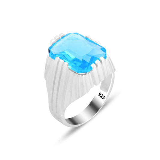 Men Silver Square Aquamarine Gemstone Ring