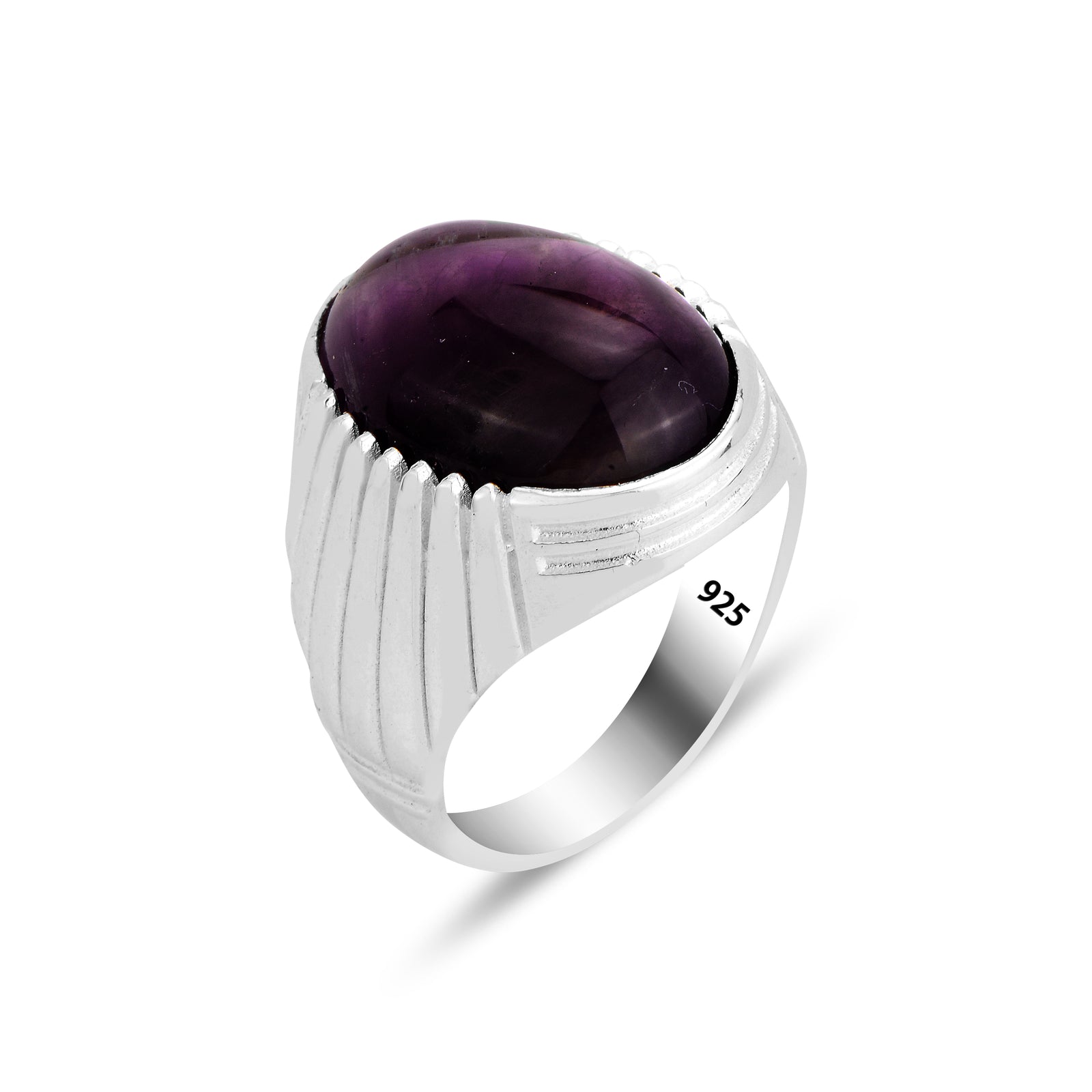 Men Silver Oval Amethyst Gemstone Ring