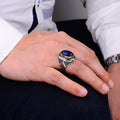 Men Silver Blue Tiger Eye Gemstone Ottoman Style Ring