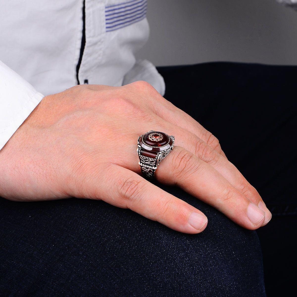 925k Silver Men Ottoman Style Ruby Stone Ring