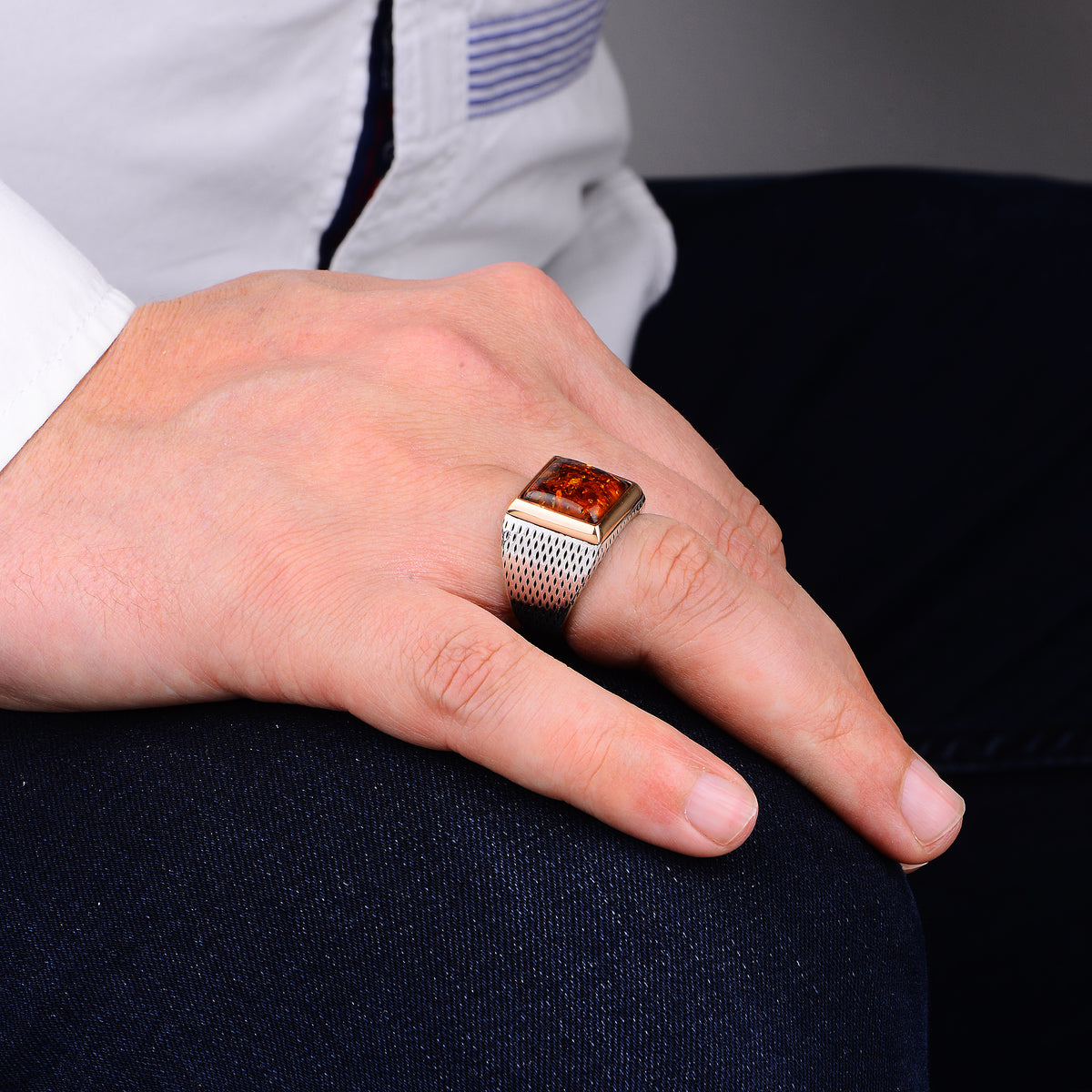 Men Handmade Silver Amber Ring Square Amber Stone Ring