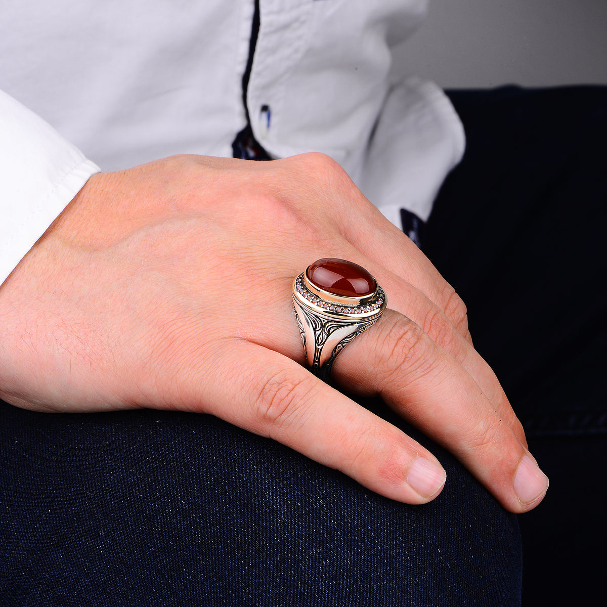 Men Handmade Ottoman Style Oval Red Agate Stone Ring