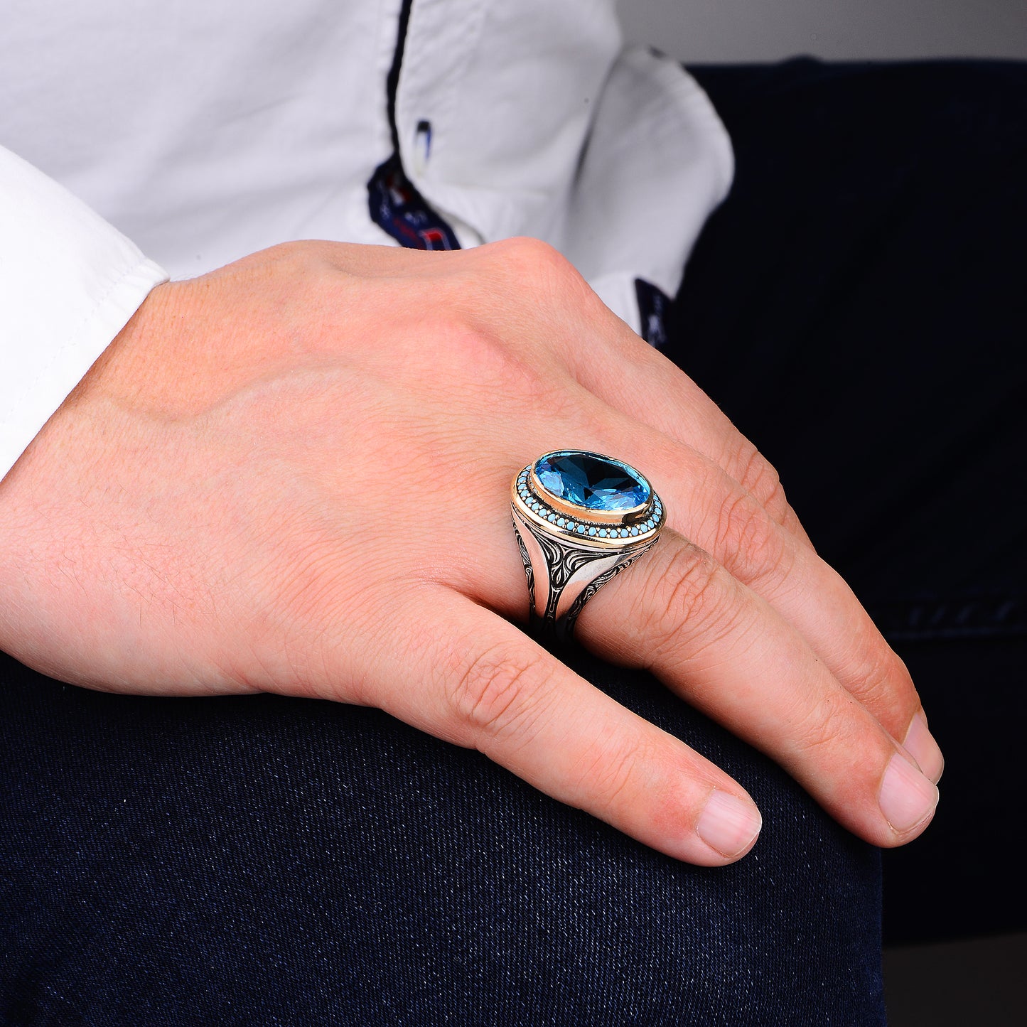 Silver Men Handmade Oval Ottoman Style Aquamarine Stone Ring
