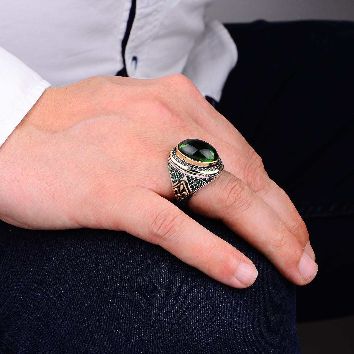Men Handmade Oval Green Zircon Emerald Stone Ottoman Style Ring