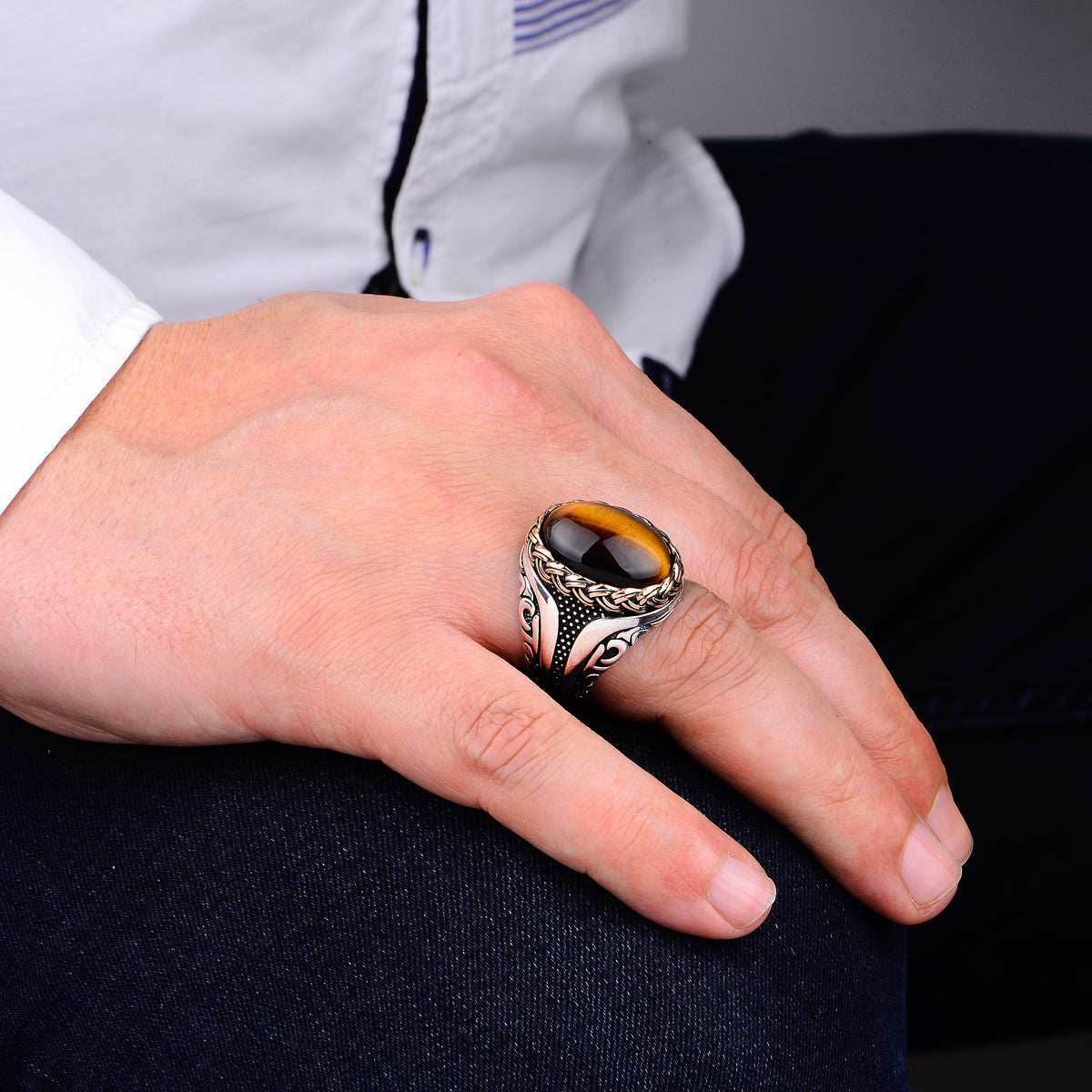 Men Handmade Oval Natural Tiger Eye Gemstone Ring