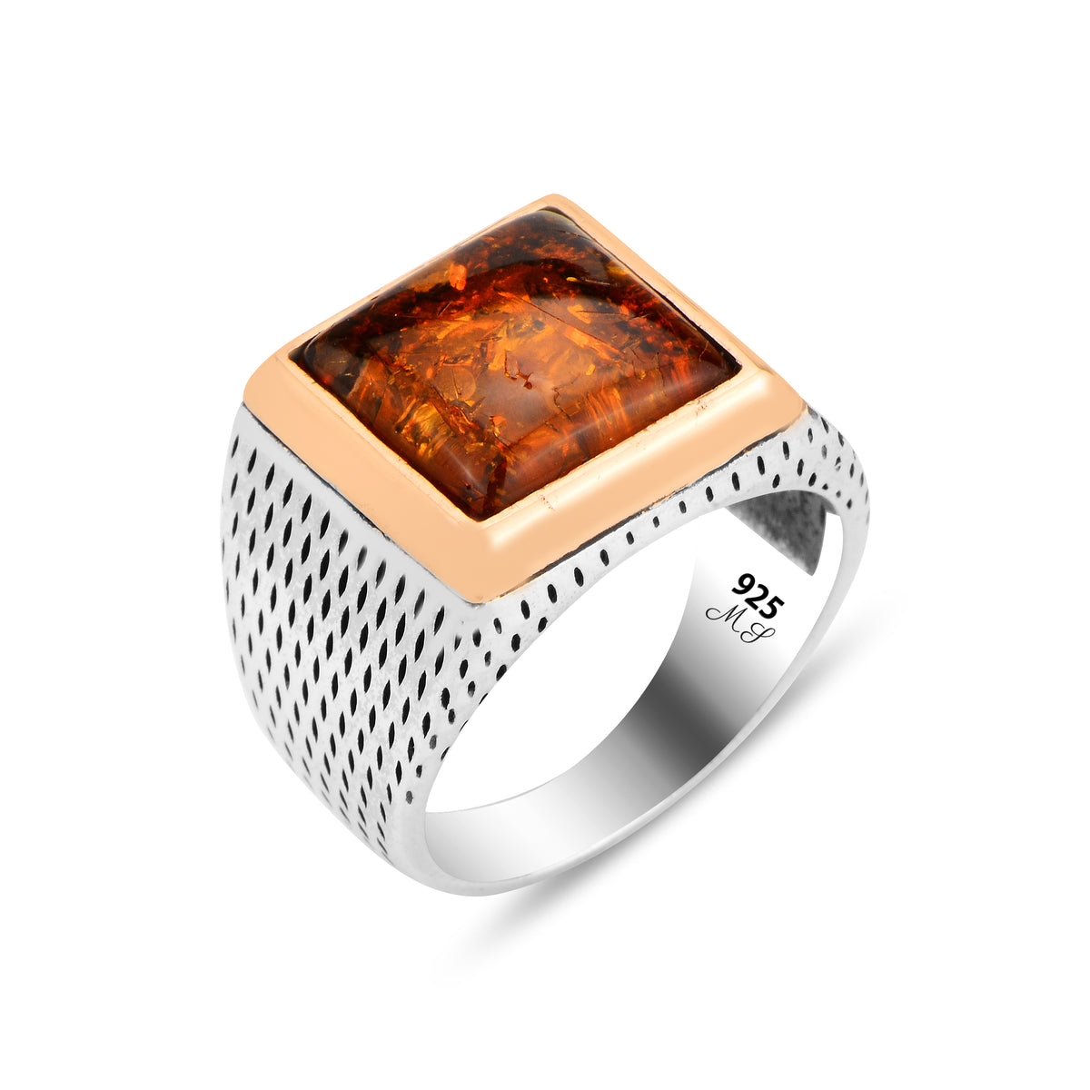 Men Handmade Silver Amber Ring Square Amber Stone Ring