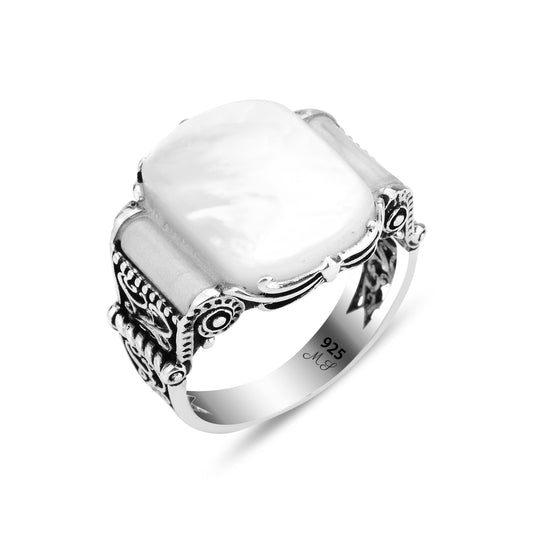 Silver Mother of Pearl Signet Ring Men White Pearl Shell Ring
