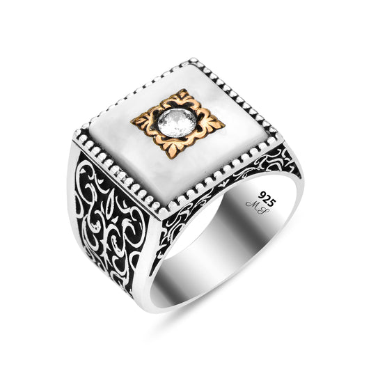 925k Silver Men Square Mother Of Pearl Gemstone Handmade Ring