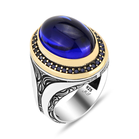 Men Oval Handmade Blue Sapphire Stone Ring