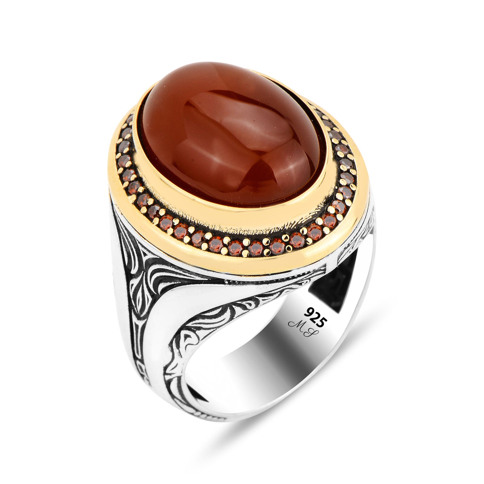 Men Handmade Ottoman Style Oval Red Agate Stone Ring