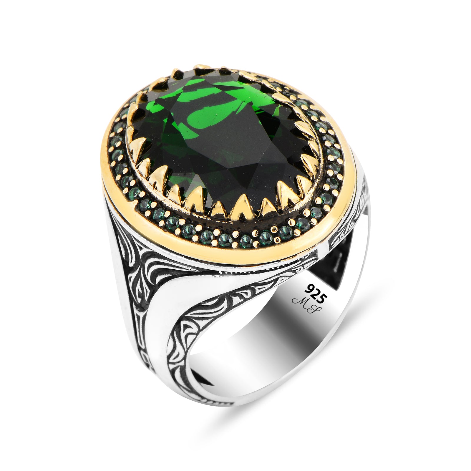 Men Handmade Silver Oval Green Stone Emerald Stone Ring