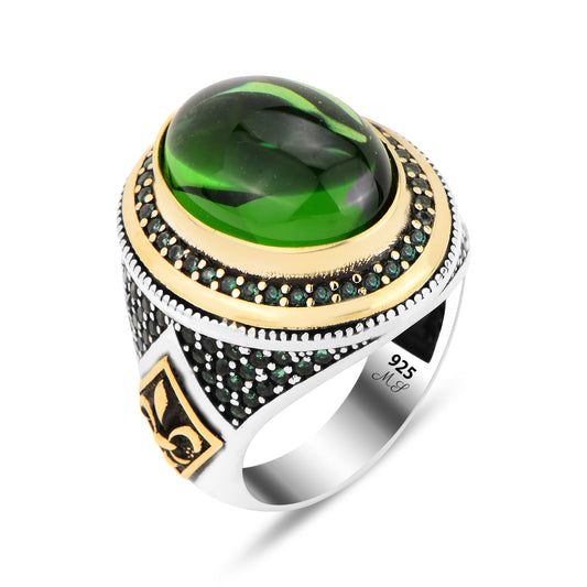 Men Handmade Oval Green Zircon Emerald Stone Ottoman Style Ring