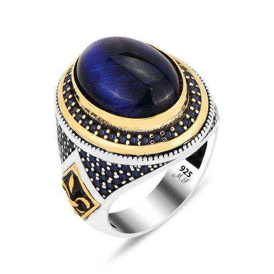 Men Silver Blue Tiger Eye Gemstone Ottoman Style Ring