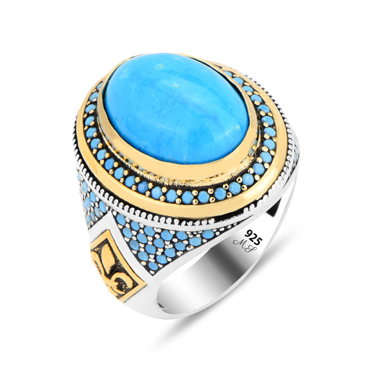 Men Silver Ottoman Style Natural Turquoise Stone Ring