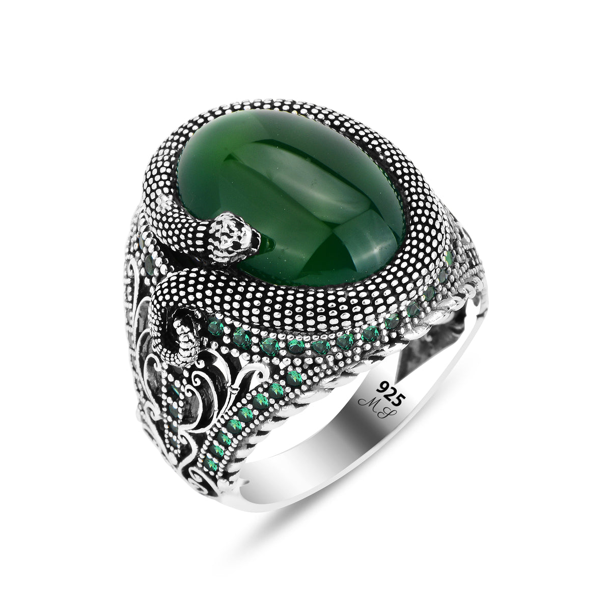 Silver Snake Model Green Agate Stone Ring