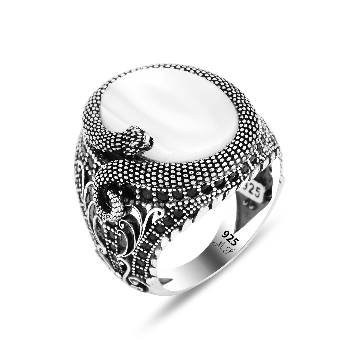 Anillo modelo serpiente serpiente con piedras preciosas de nácar plateado para hombre