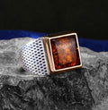 Men Handmade Silver Amber Ring Square Amber Stone Ring