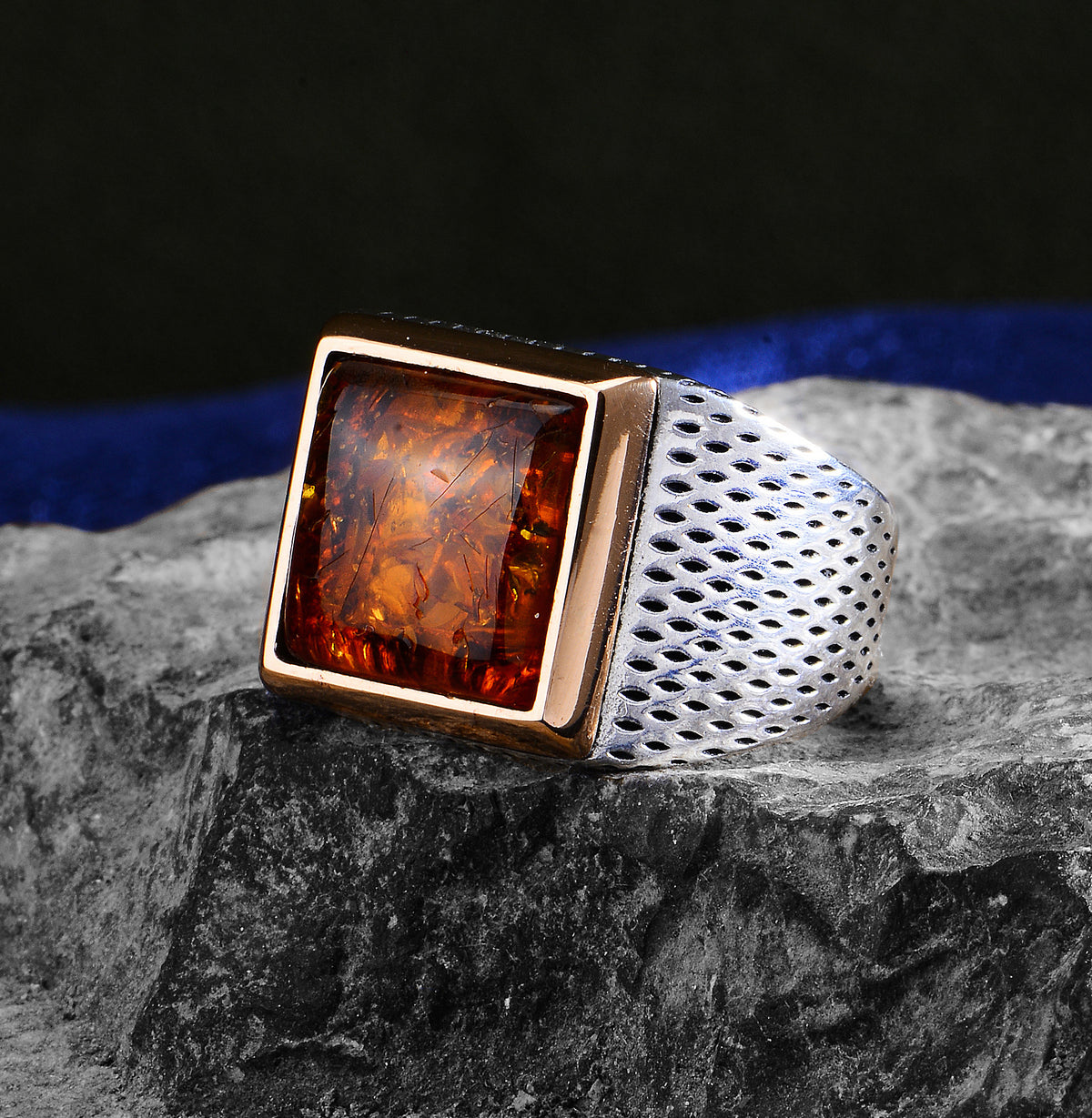 Men Handmade Silver Amber Ring Square Amber Stone Ring