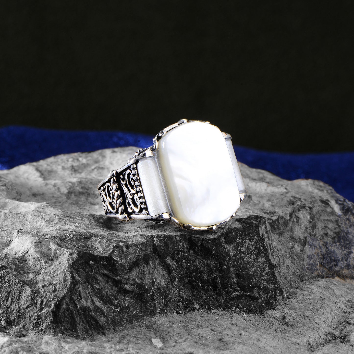 Silver Mother of Pearl Signet Ring Men White Pearl Shell Ring