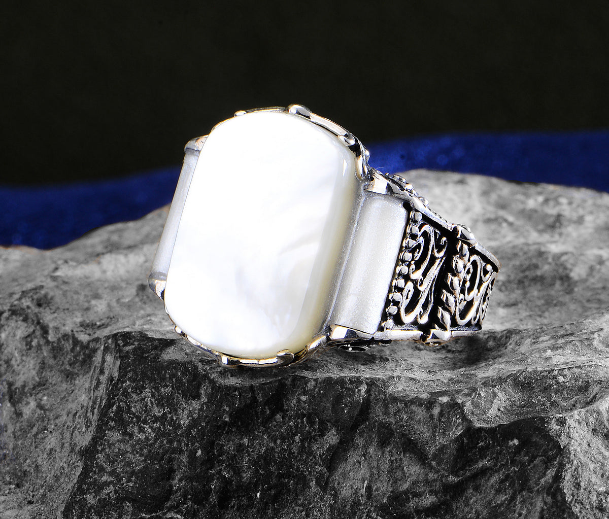 Anillo de plata con sello de nácar para hombre, anillo de concha de perla blanca