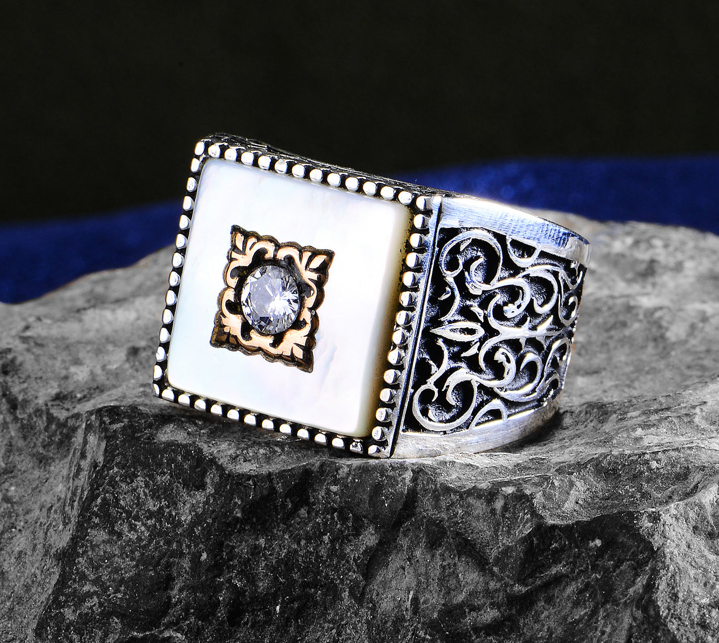 925k Silver Men Square Mother Of Pearl Gemstone Handmade Ring