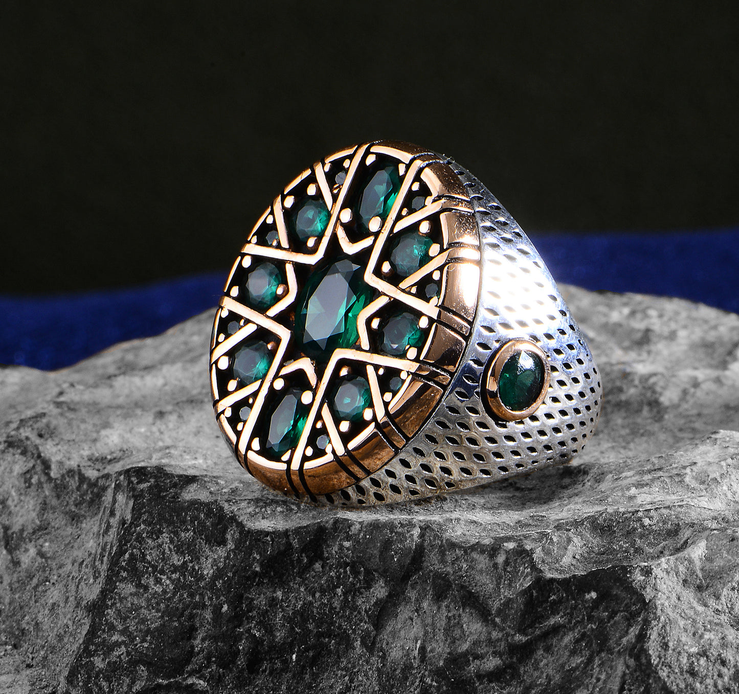 Men Handmade Ottoman Style Green Zircon Emerald Stone Ring