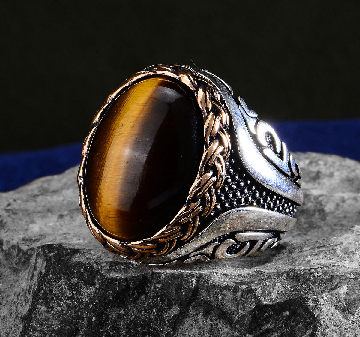 Men Handmade Oval Natural Tiger Eye Gemstone Ring