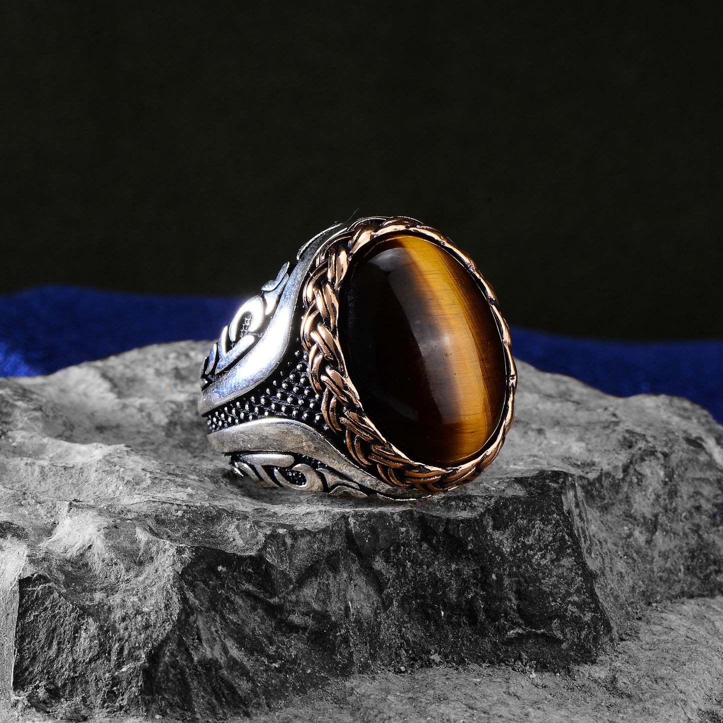 Men Handmade Oval Natural Tiger Eye Gemstone Ring