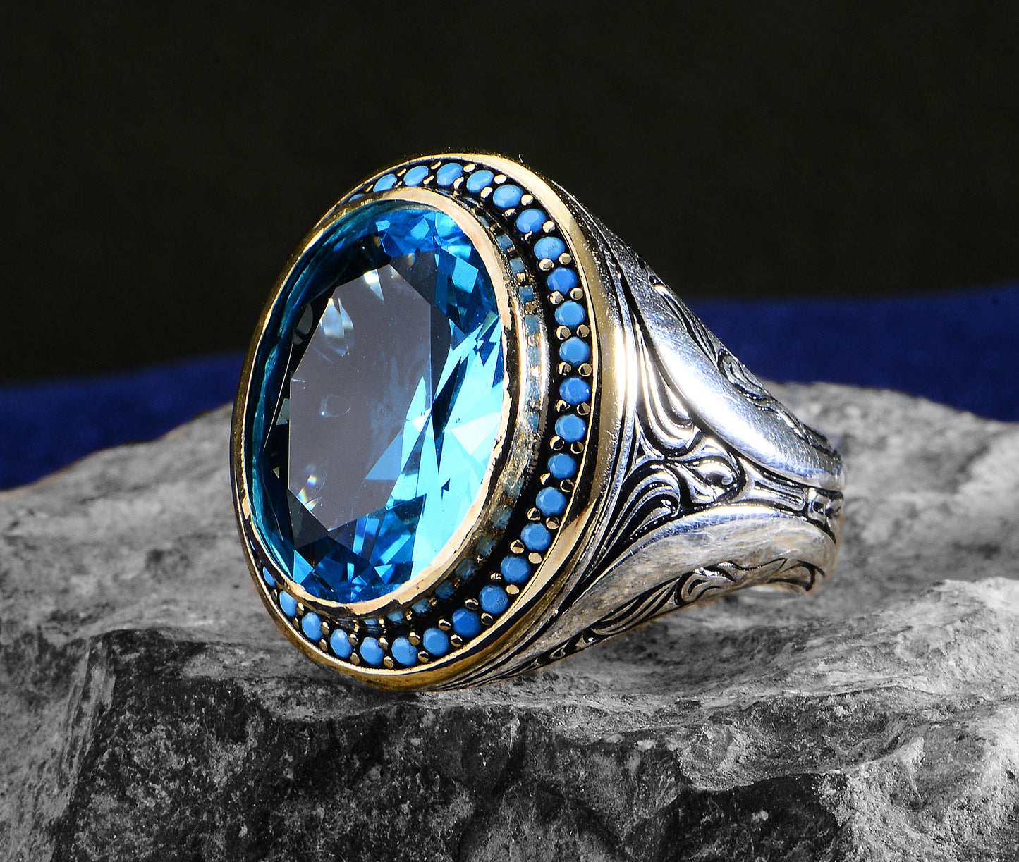 Silver Men Handmade Oval Ottoman Style Aquamarine Stone Ring