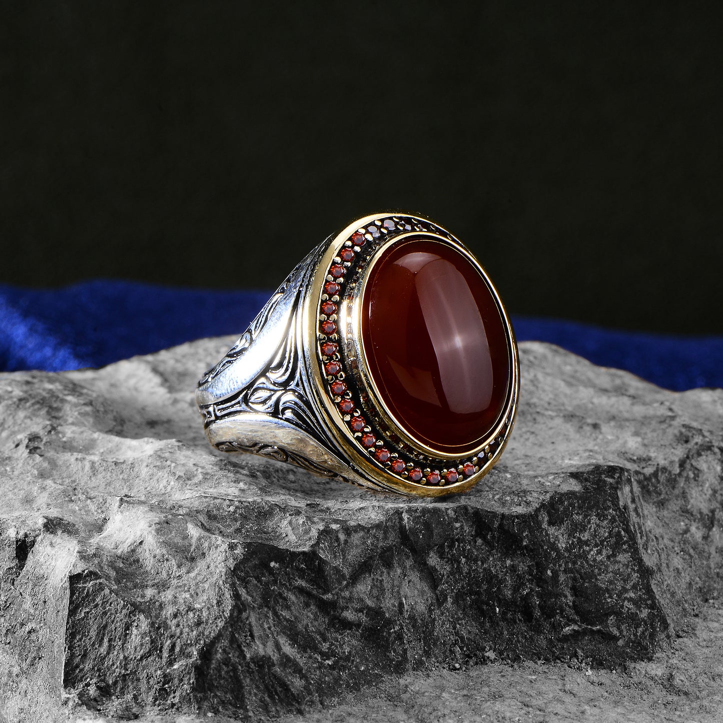 Men Handmade Ottoman Style Oval Red Agate Stone Ring