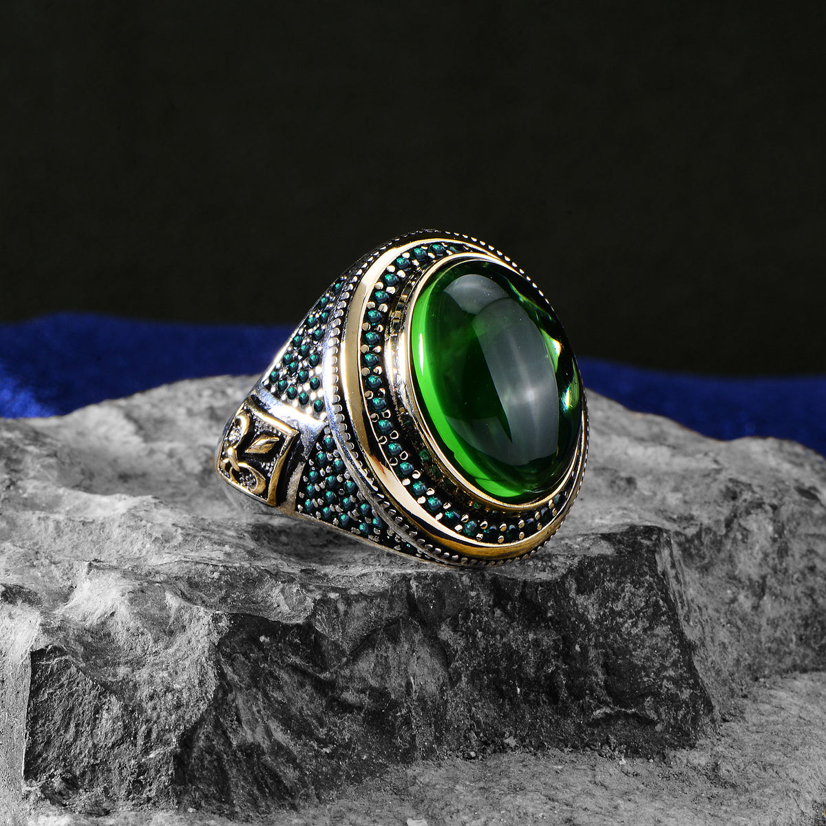 Men Handmade Oval Green Zircon Emerald Stone Ottoman Style Ring