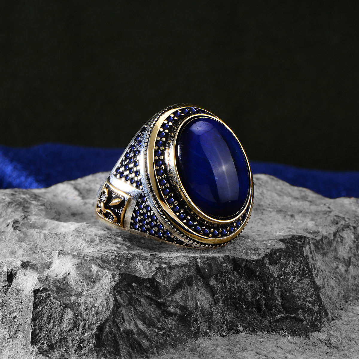 Men Silver Blue Tiger Eye Gemstone Ottoman Style Ring