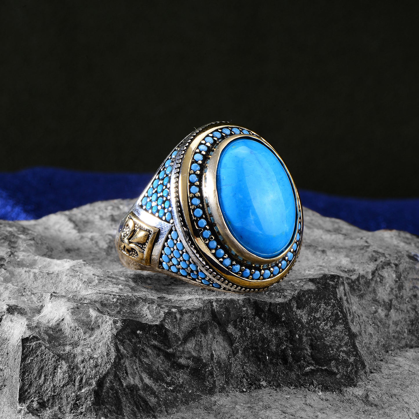 Men Silver Ottoman Style Natural Turquoise Stone Ring