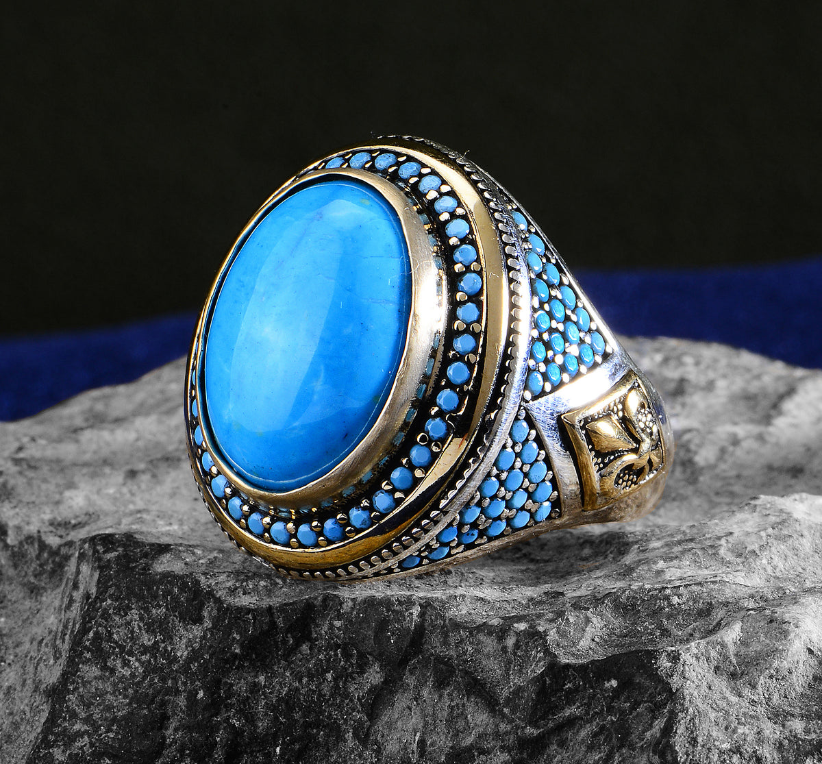 Men Silver Ottoman Style Natural Turquoise Stone Ring