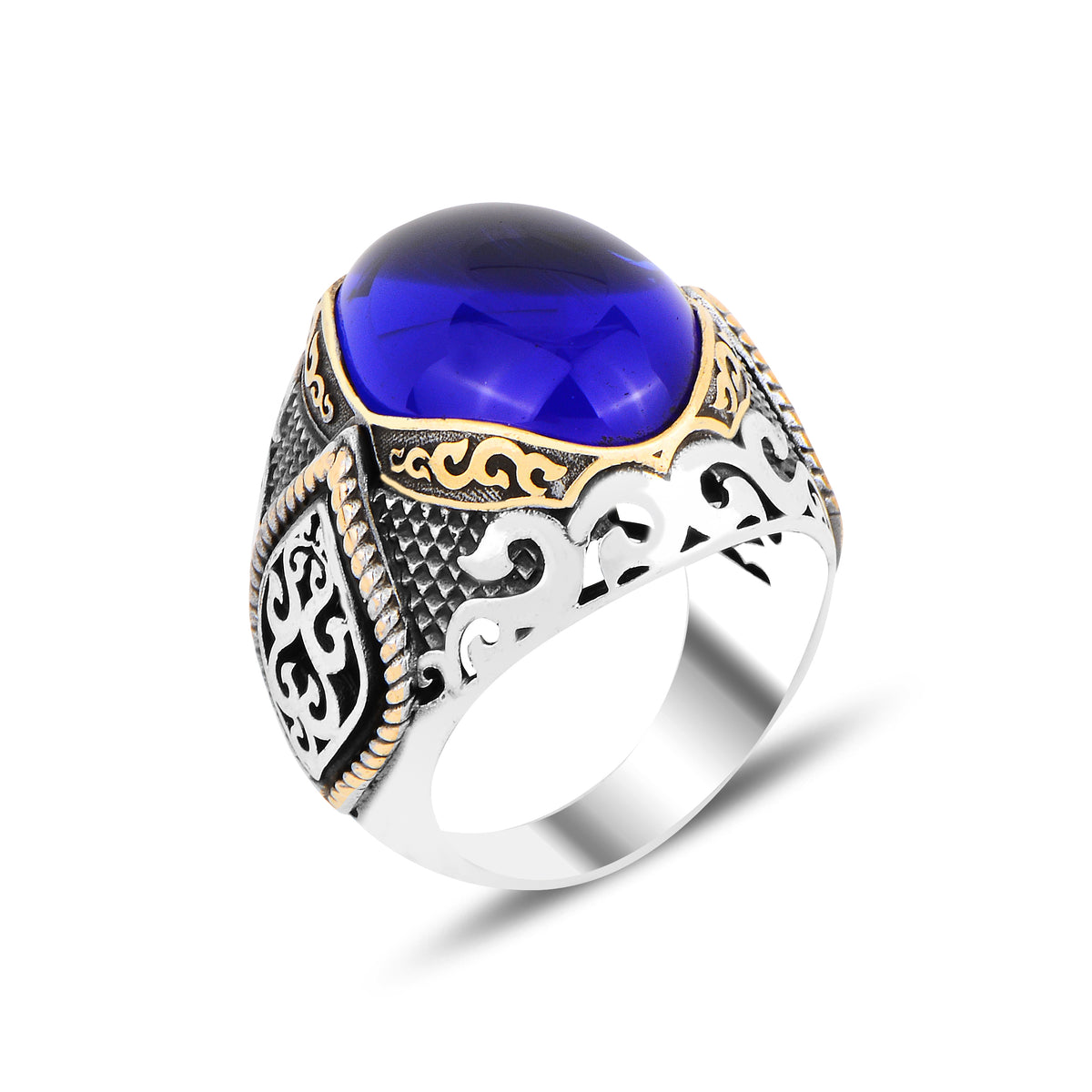 Silberner handgefertigter Saphir-Steinring im osmanischen Stil