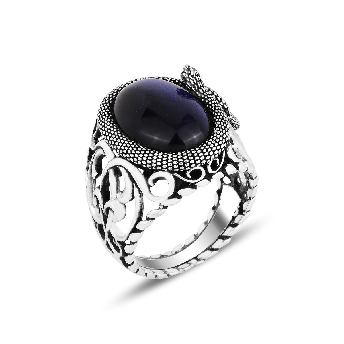 Silberner Ring mit Schlangenmuster und blauem Tigerauge