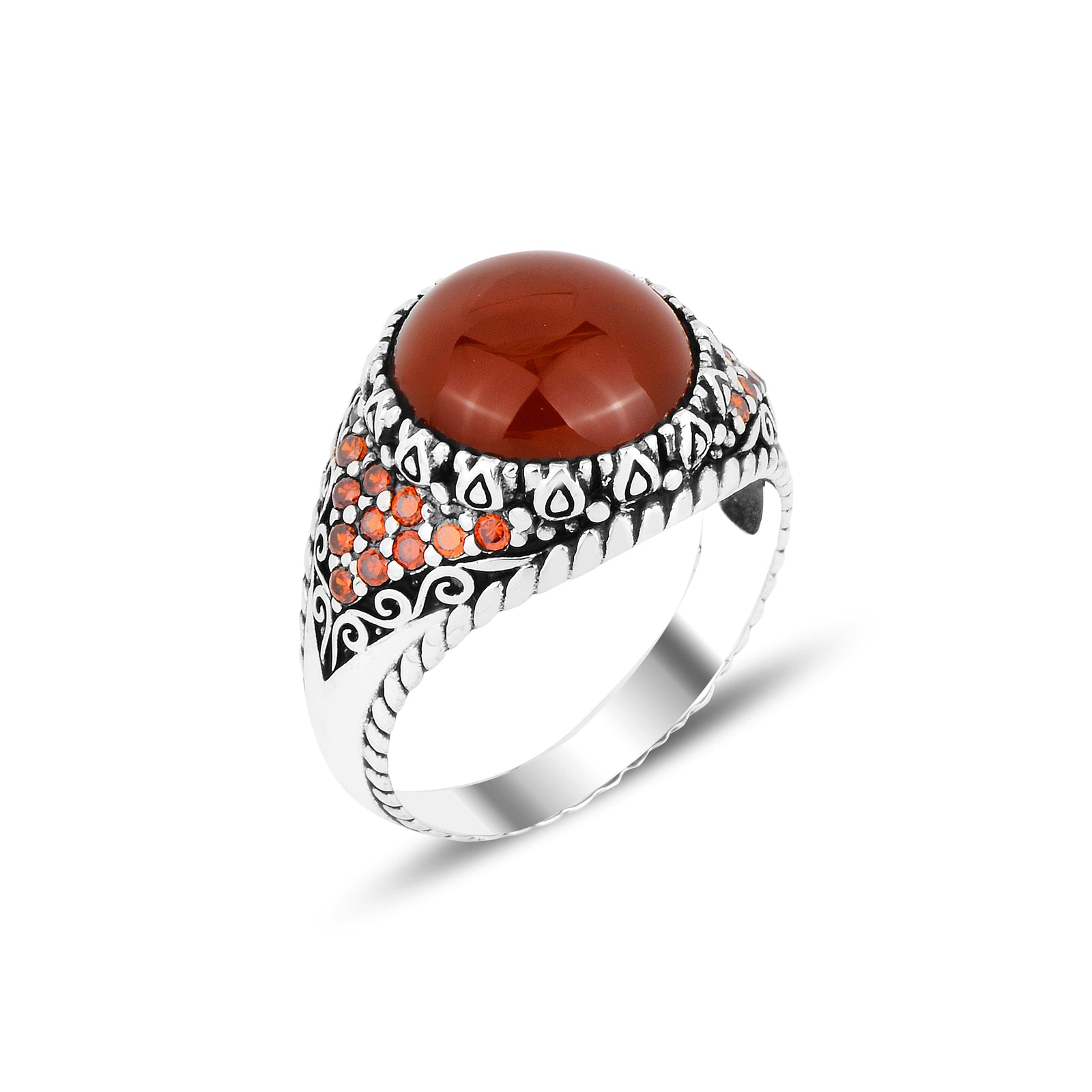 Silver Round Red Agate Stone Ring