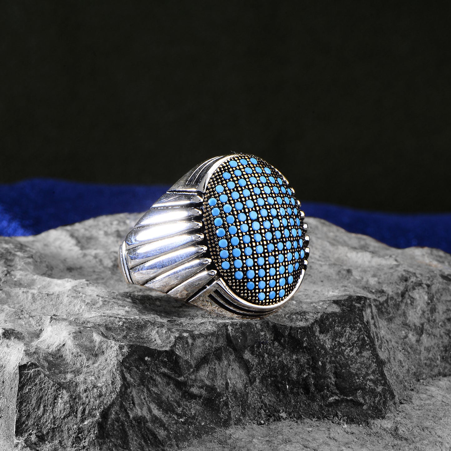 Men Handmade Micro Turquoise Stone Silver Ring