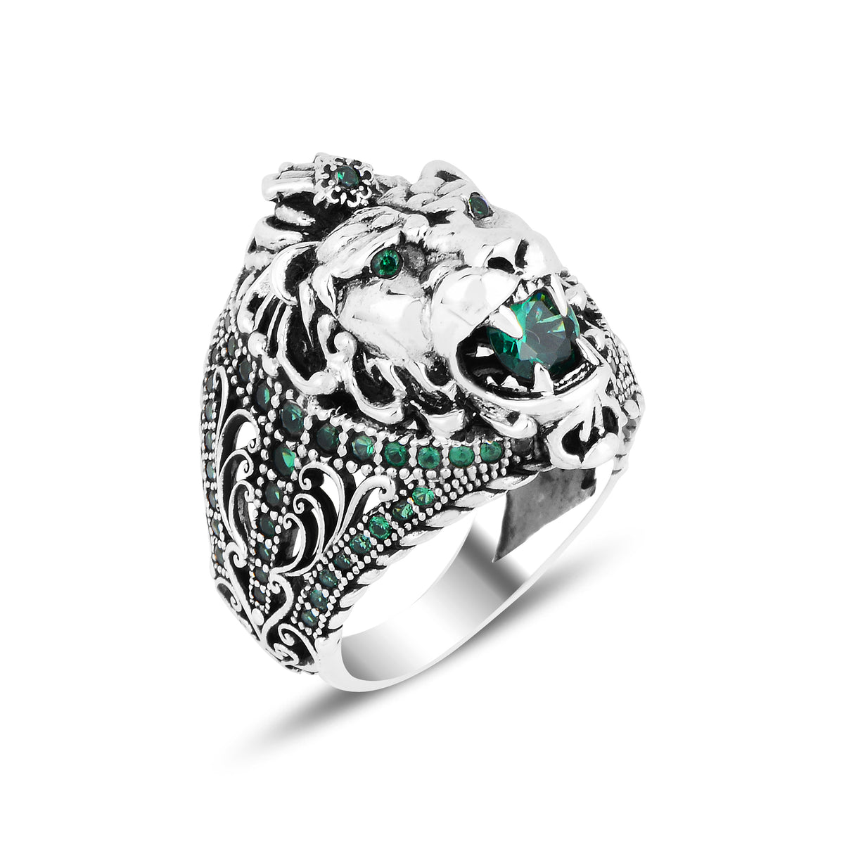 Silver Emerald Stone Lion Head Ring