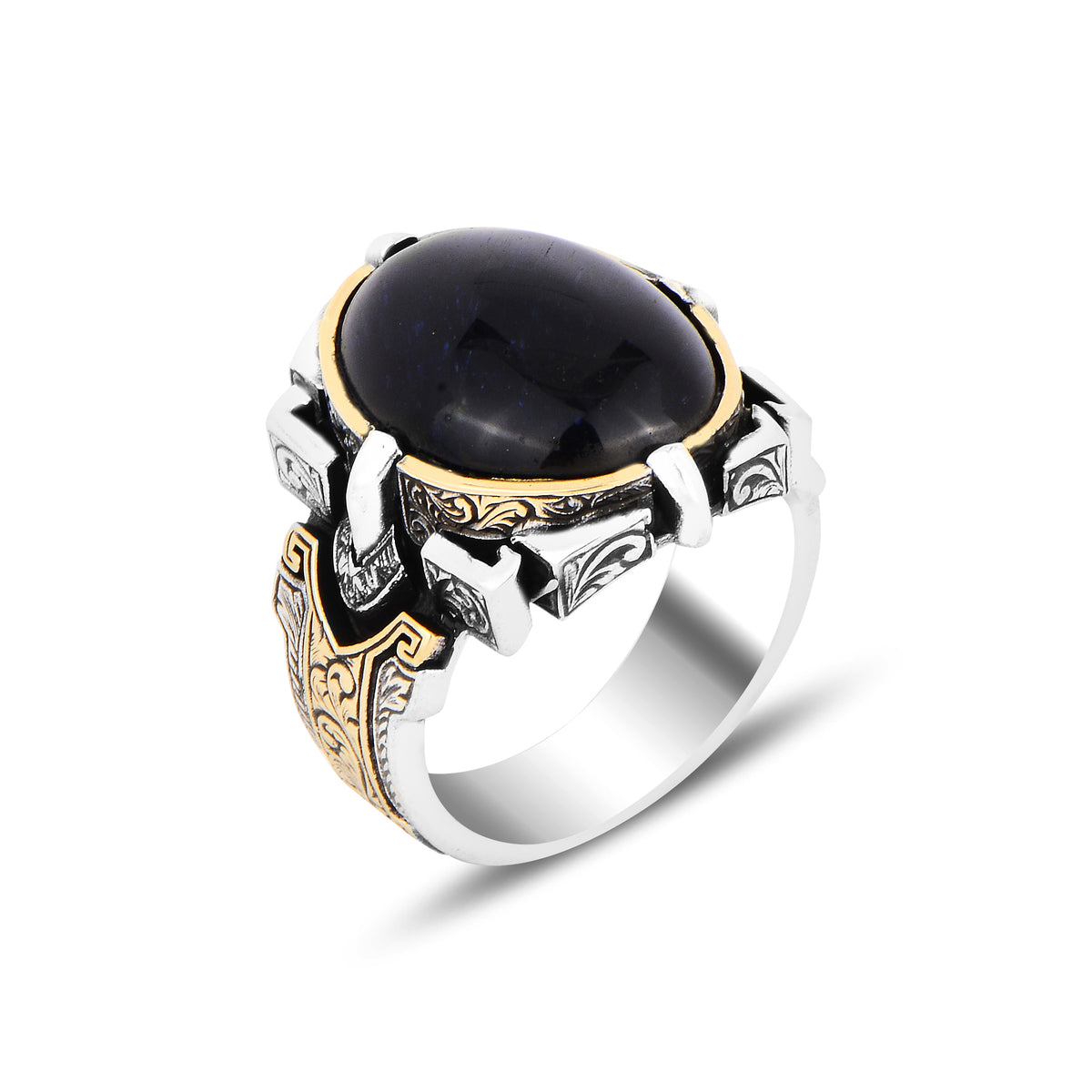 Silberner handgefertigter blauer Tigerauge-Steinring