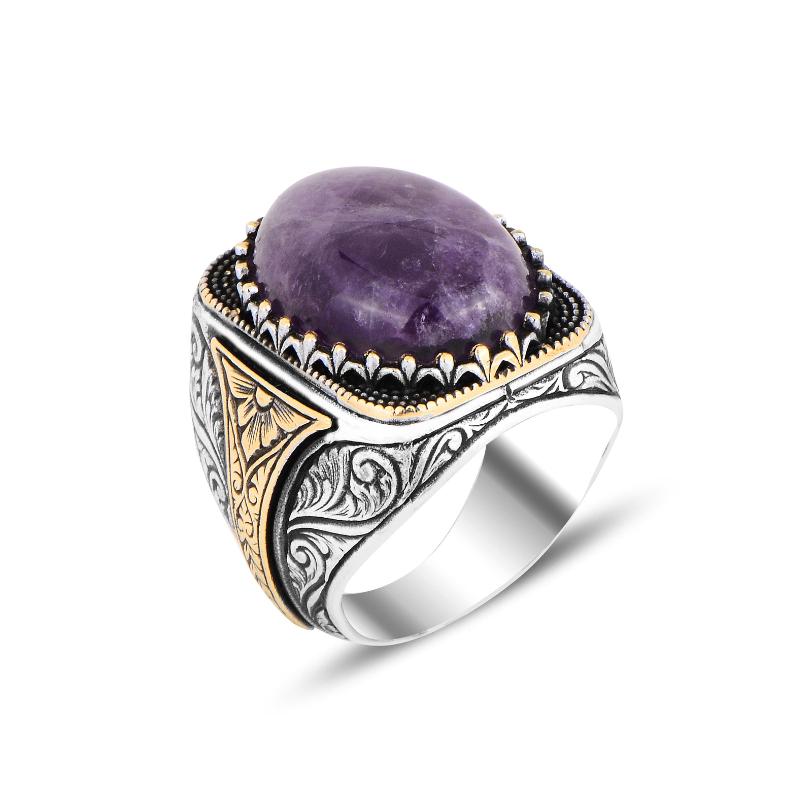 Silver Ottoman Style Natural Amethyst Stone Ring