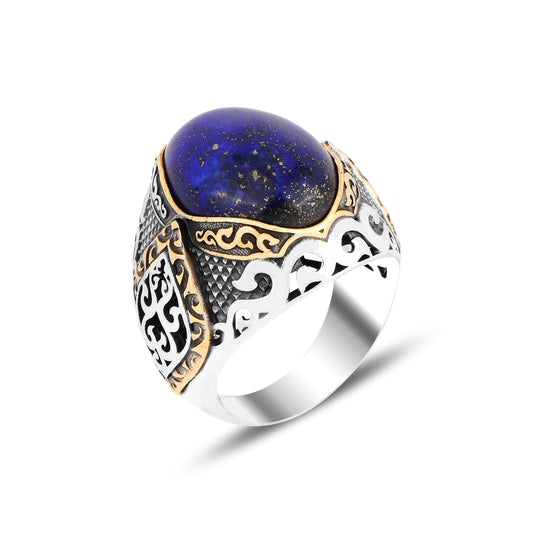 Silberner handgefertigter Lapislazuli-Ring im osmanischen Stil