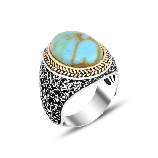 Men Silver Oval Turquoise Gemstone Ring