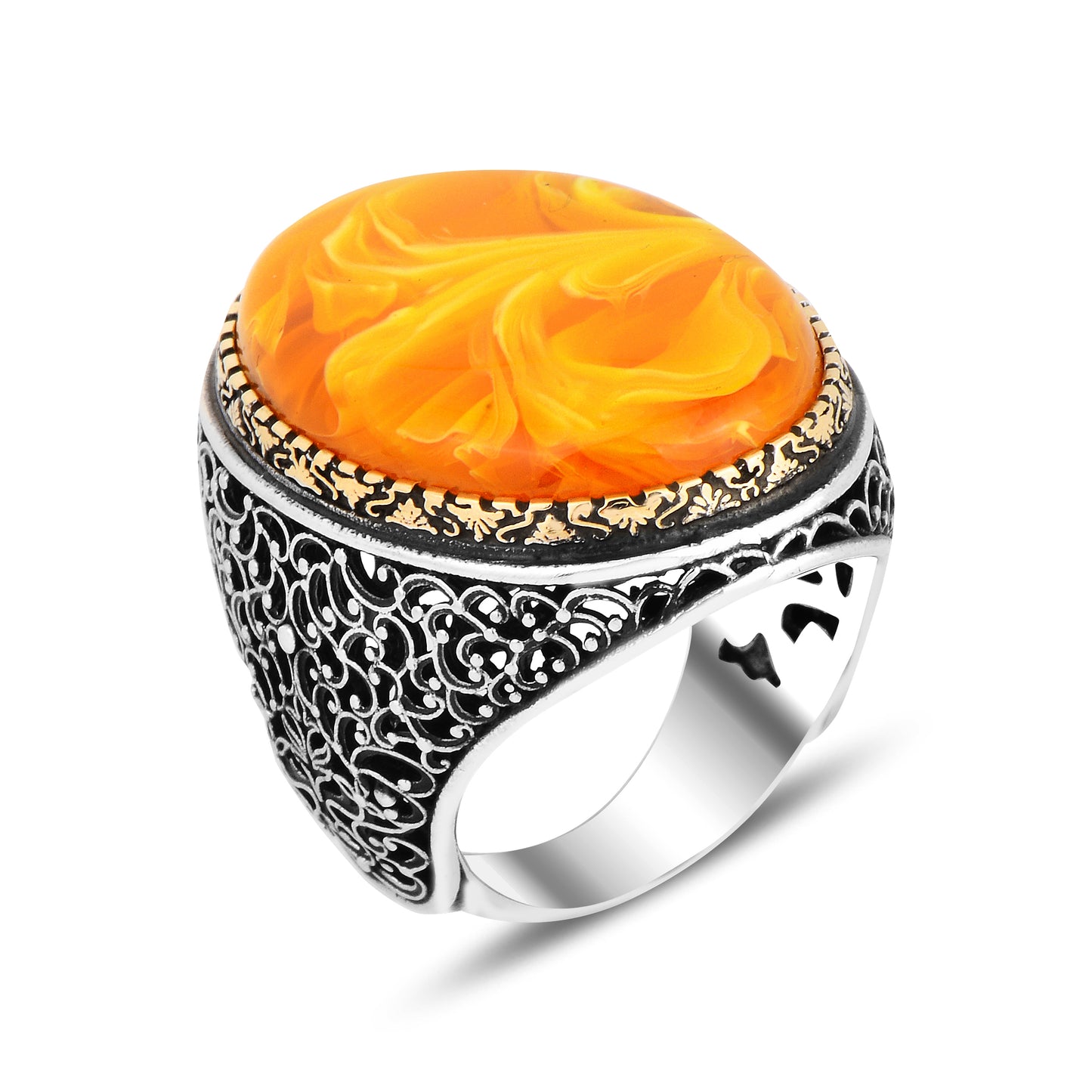 Silver Large Ottoman Style Amber Stone Ring