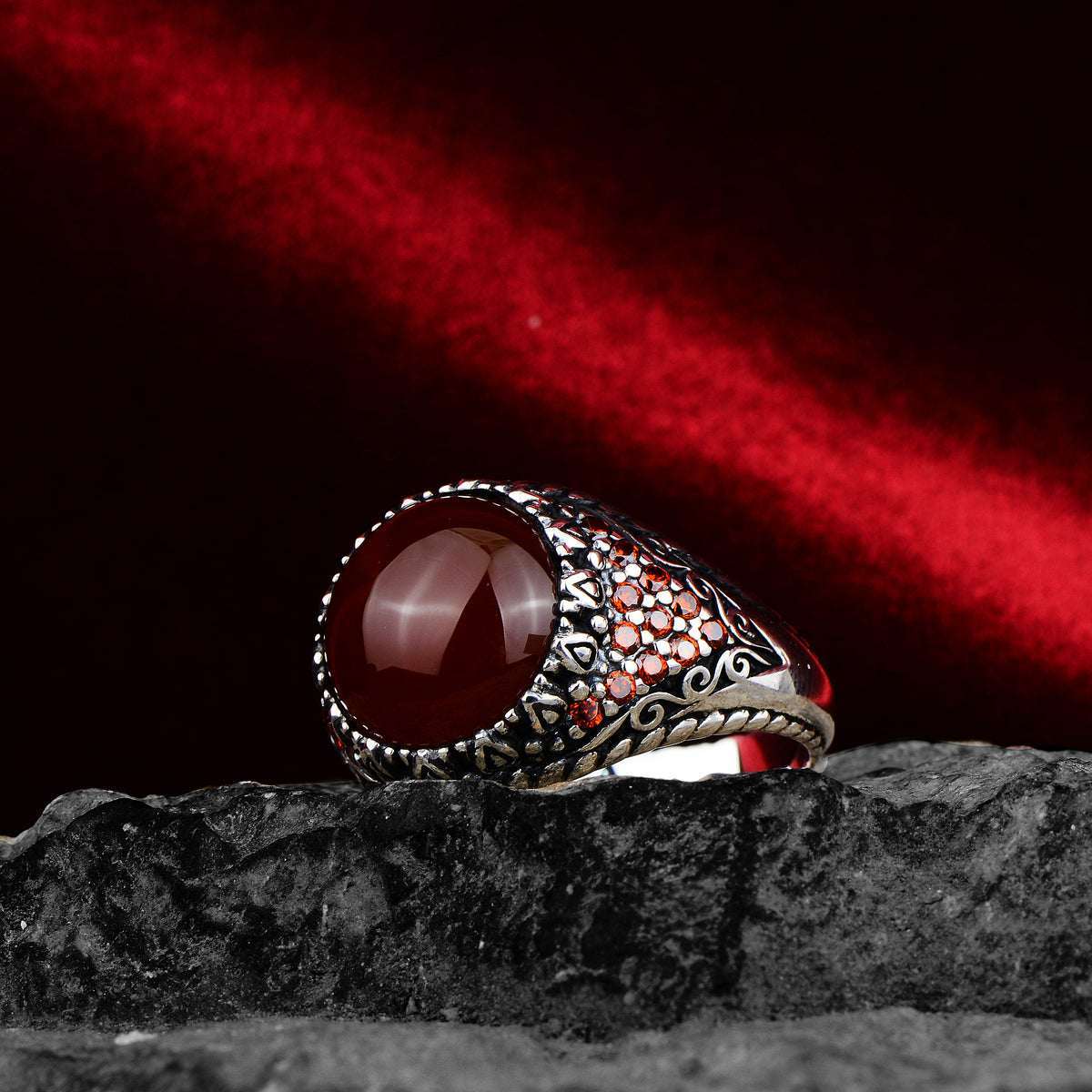 Silver Round Red Agate Stone Ring