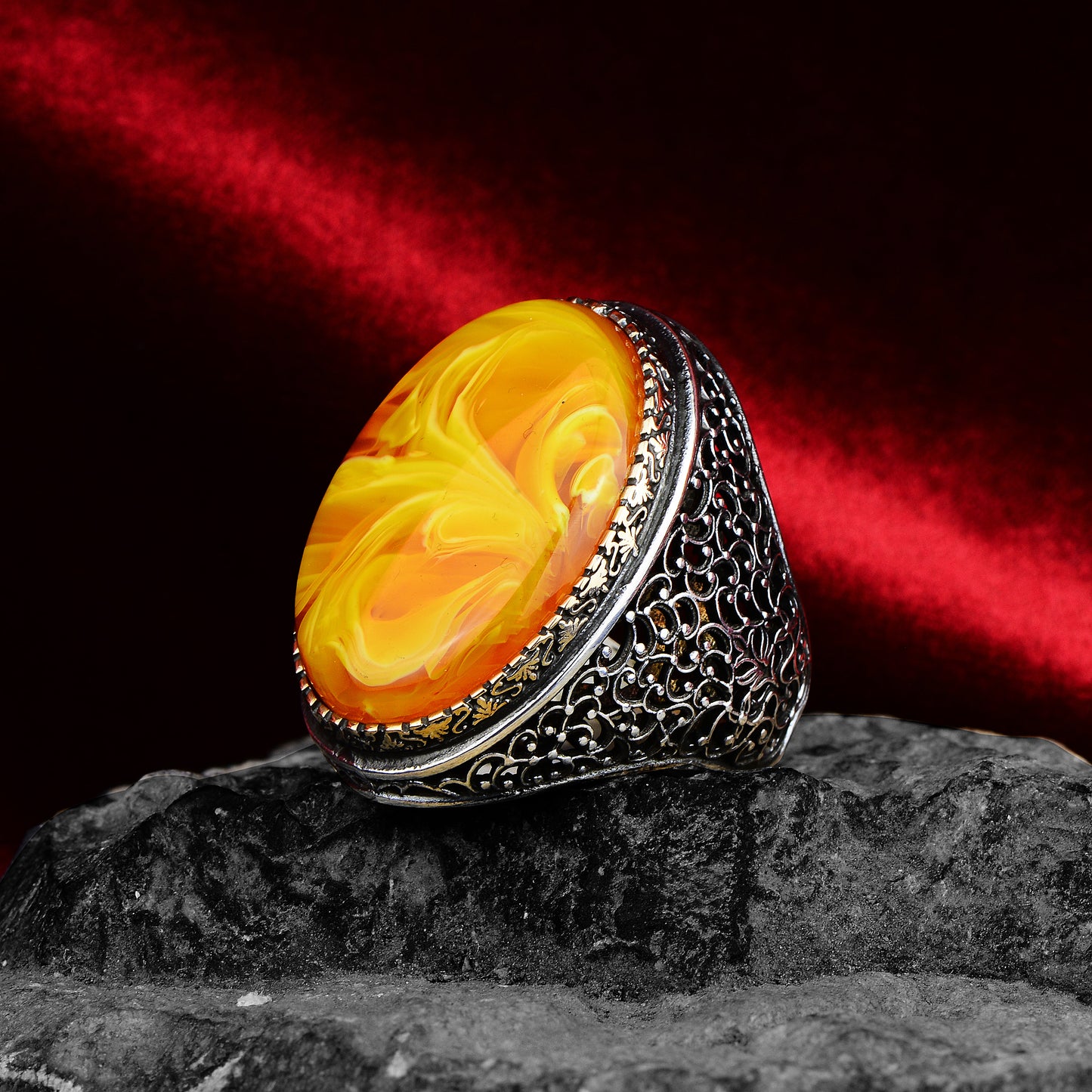 Silver Large Ottoman Style Amber Stone Ring
