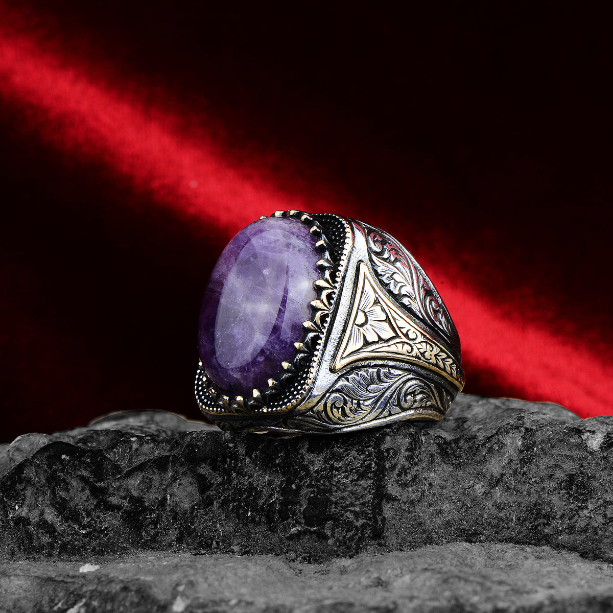 Silver Ottoman Style Natural Amethyst Stone Ring