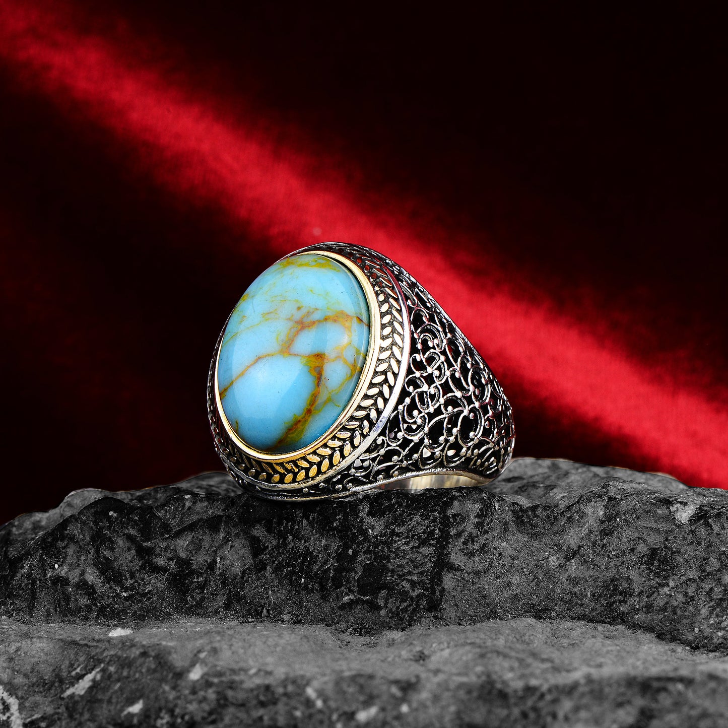 Men Silver Oval Turquoise Gemstone Ring
