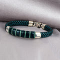 Men Silver Emerald Stone Leather Bracelet