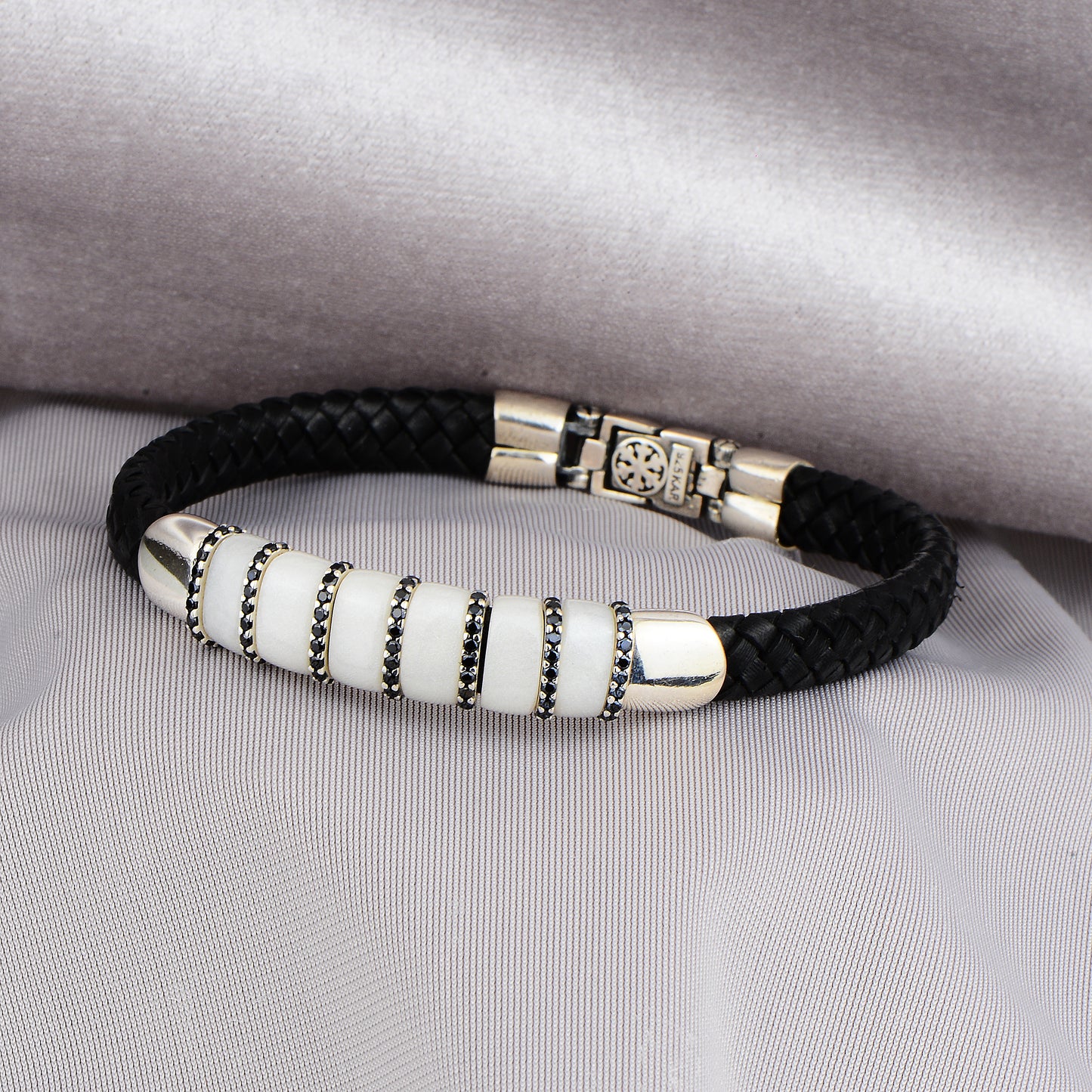 Handmade Silver Pearl Stone Leather Bracelet